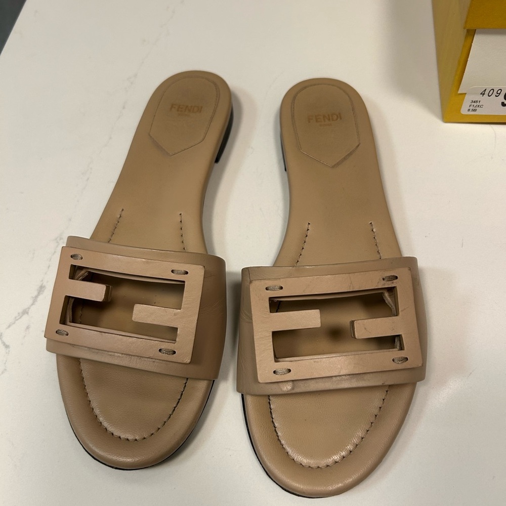 Fendi Tan Leather Slide Sandals